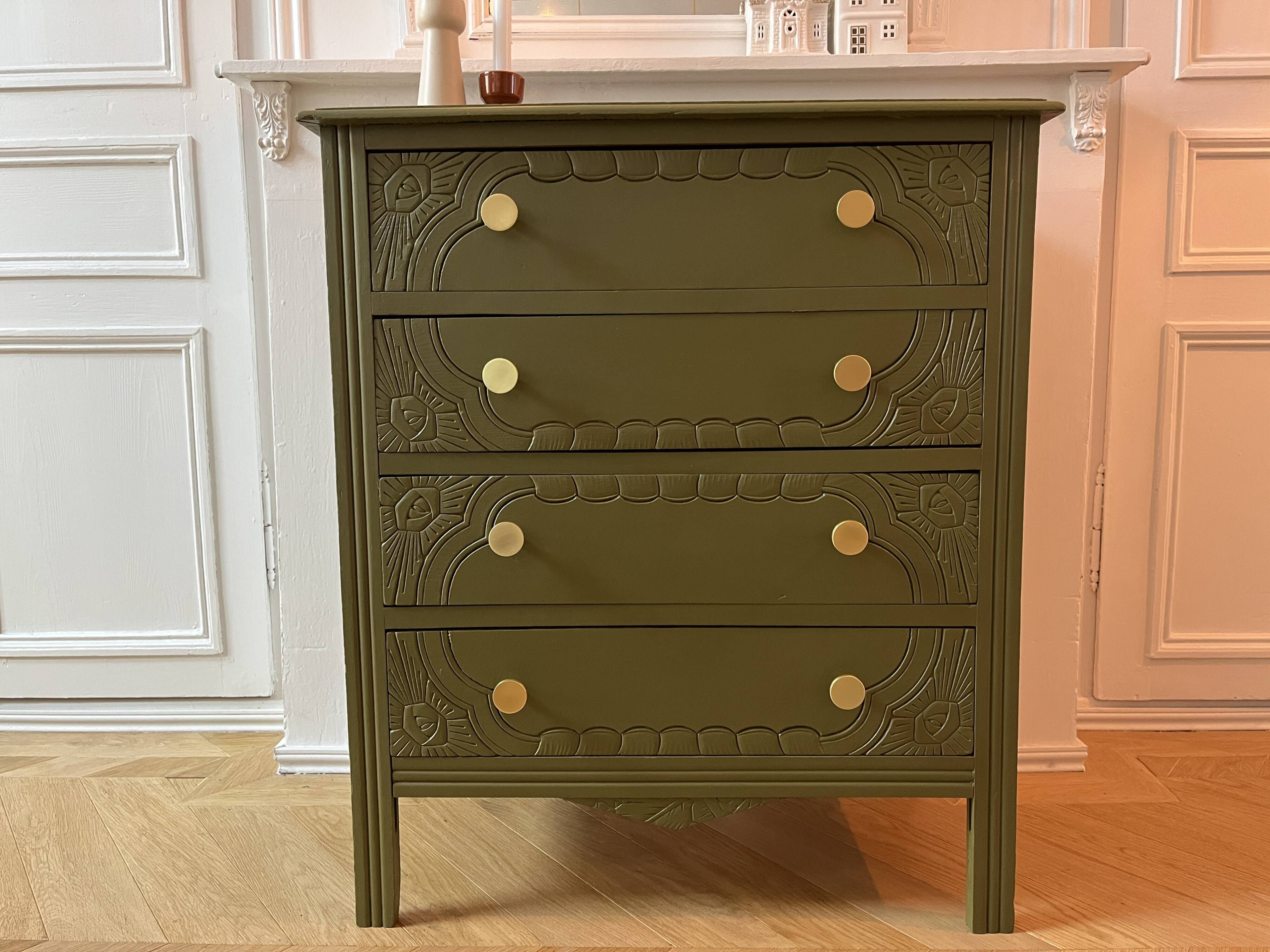 Art Deco chest of drawers - woody green - gold handles