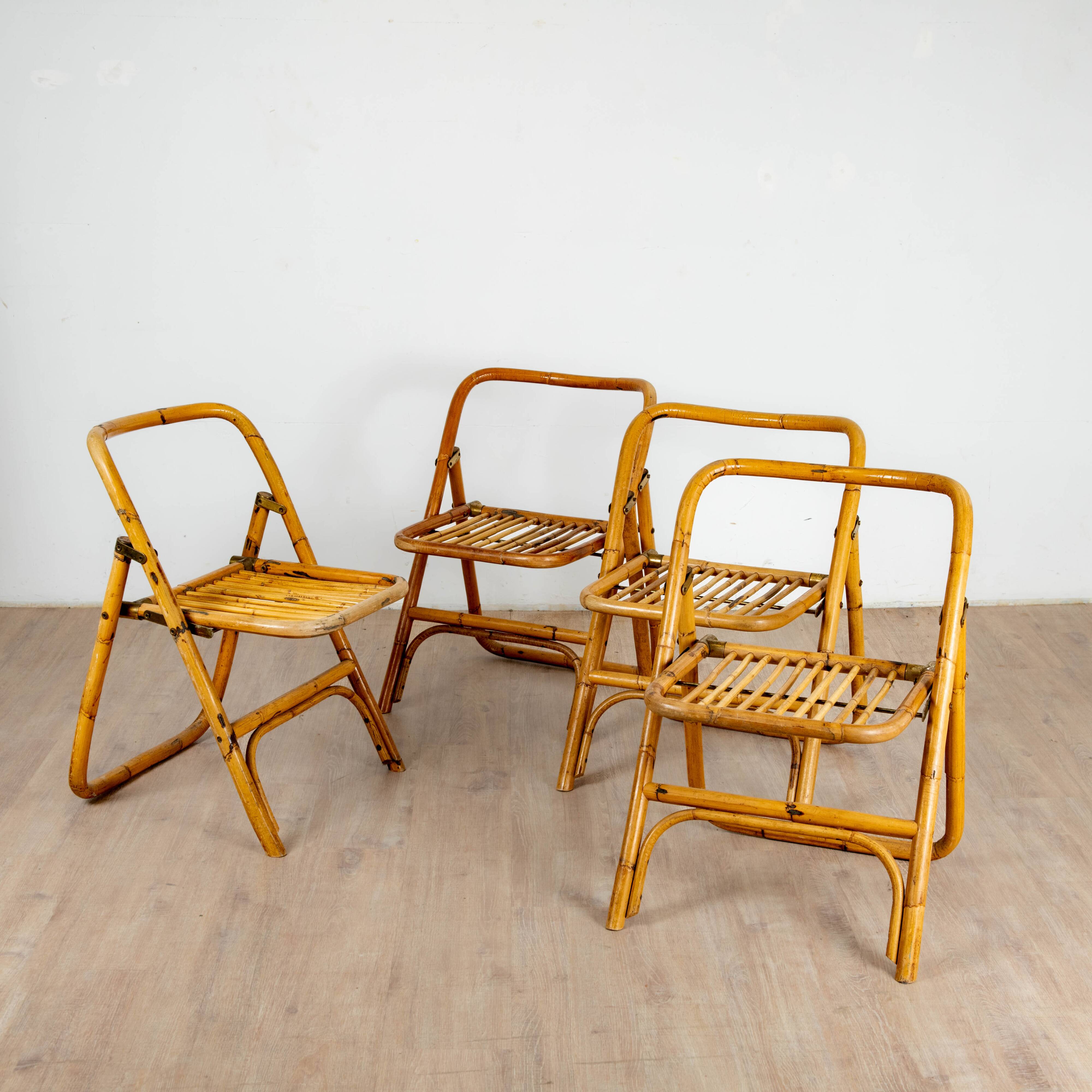 4 folding chairs in bamboo, rattan and brass, Italy, 1970