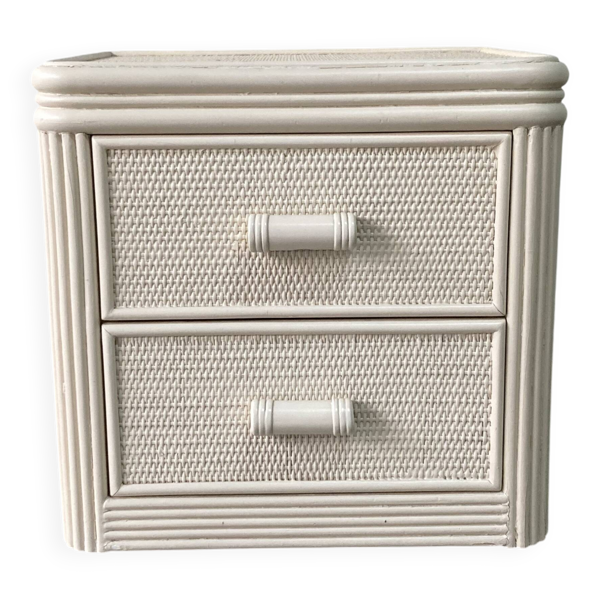 Table de chevet vintage en rotin et bambou blanc cassé, années 70/80