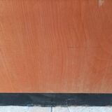 Workshop furniture with drawers and curtain in beech and walnut.