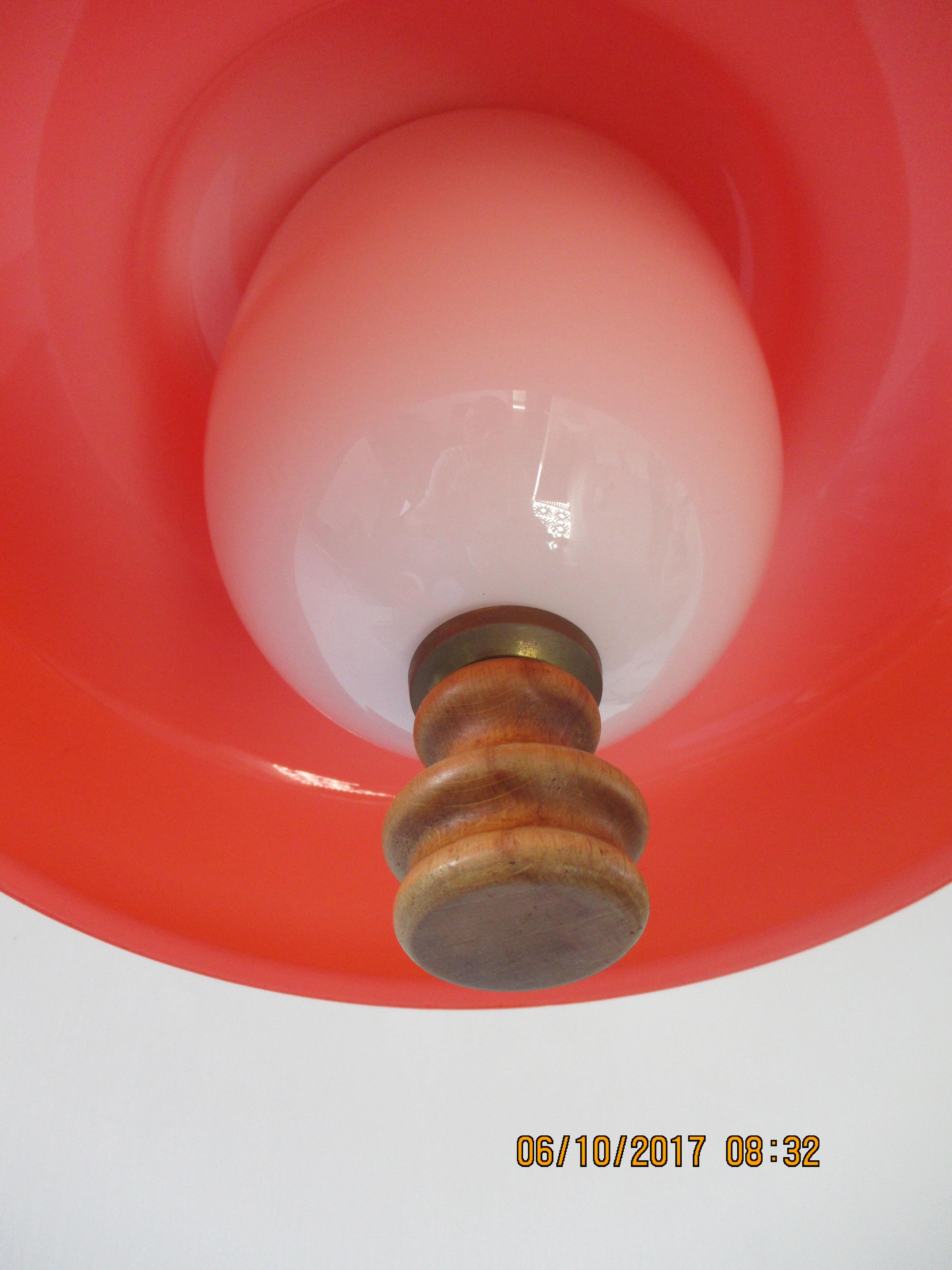 Large suspension in orange opaline and wood design 70s