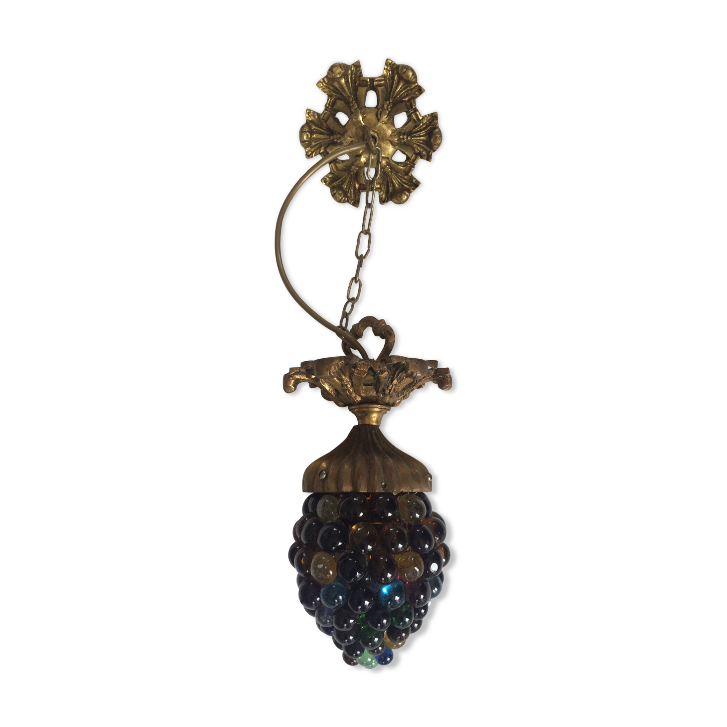 1960s bronze pendant lamp and multicolored glass cluster