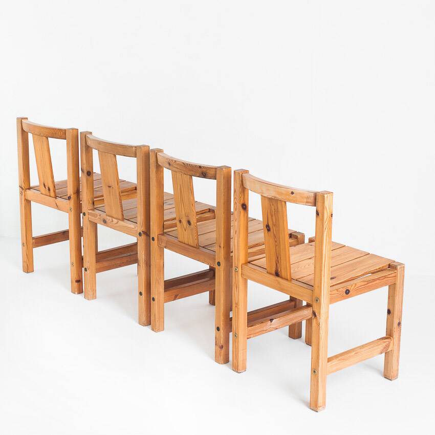 Set of four Scandinavian style chairs + bench. Pine wood. Produced by Sotka. Finland 70s