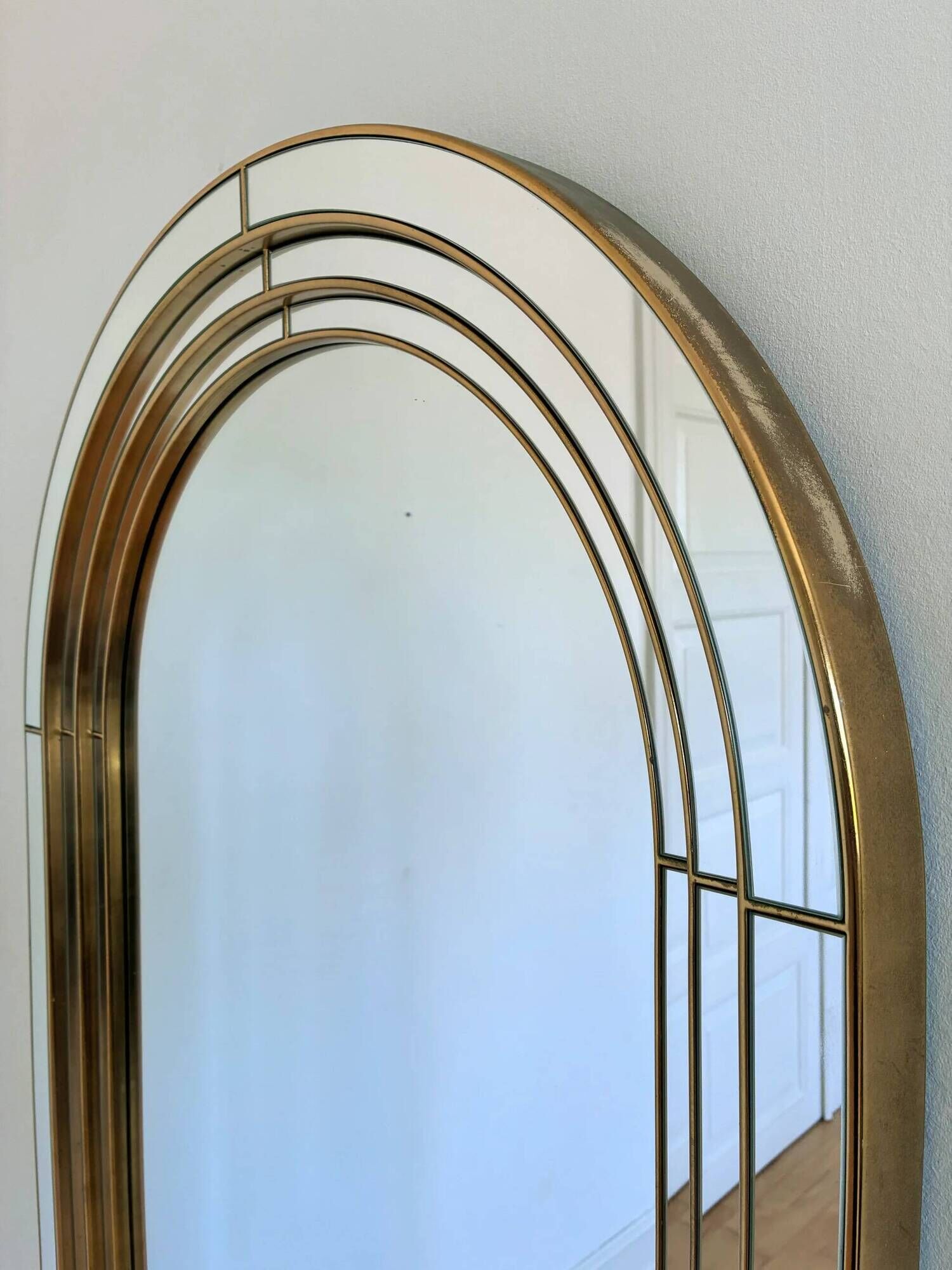 Large vintage Deknudt arched beveled panel mirror – gold, Belgium, 1980s