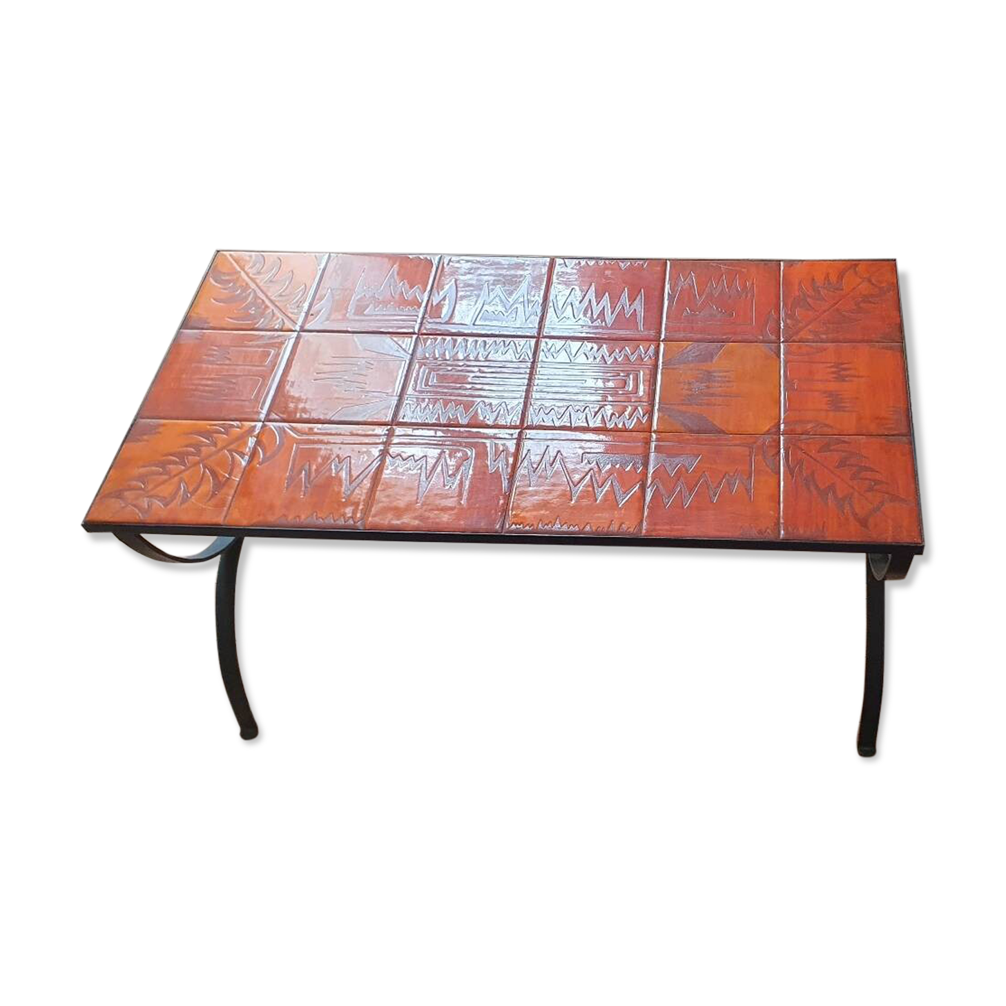Wrought iron and orange ceramic coffee table