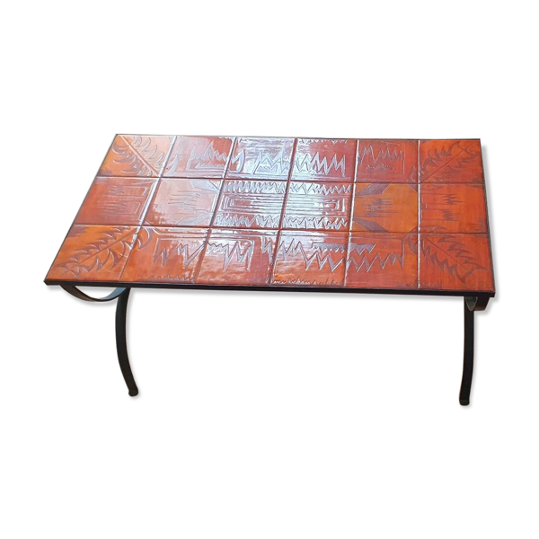 Table basse en fer forgé et céramique orange