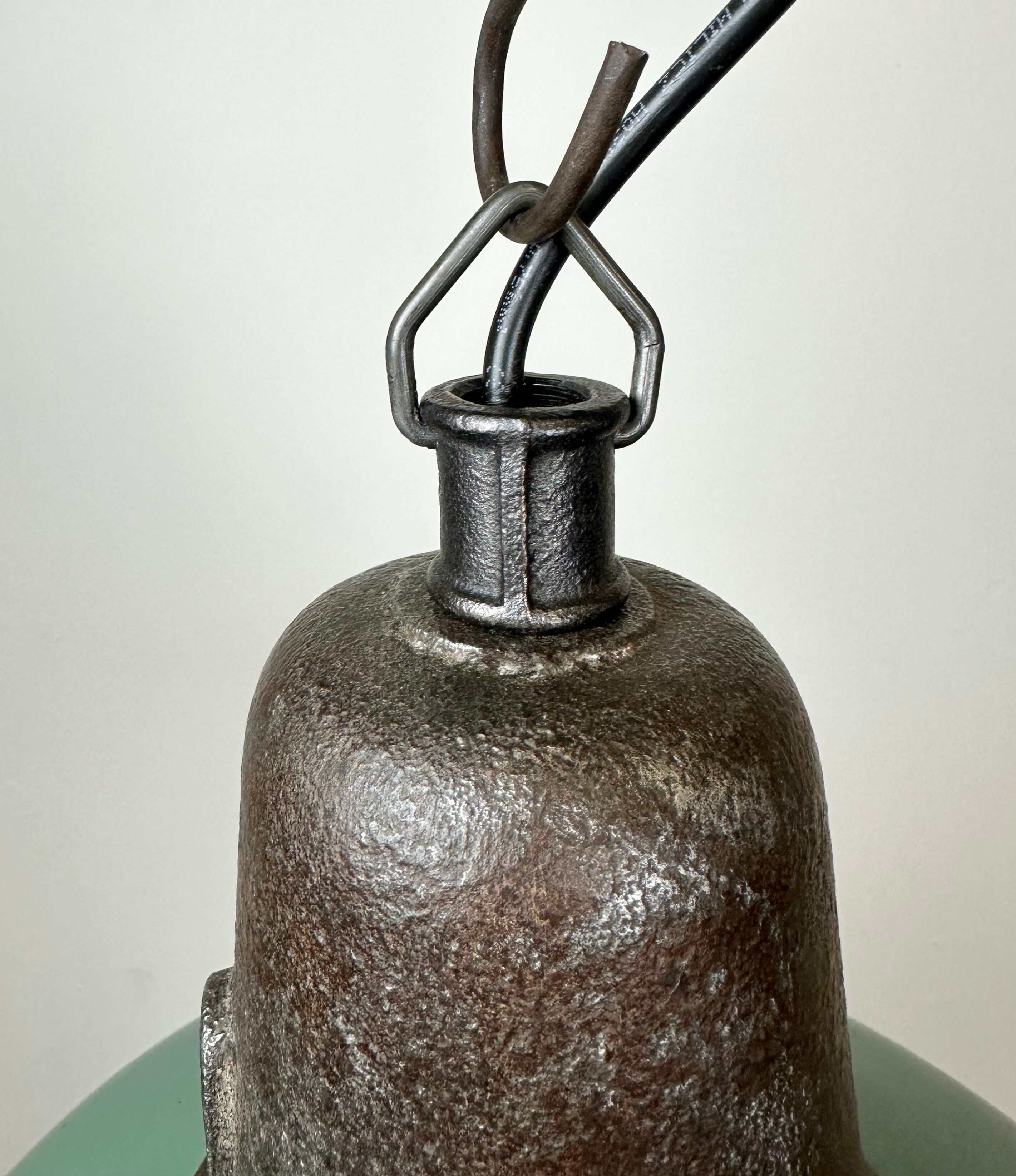 Industrial green enamel factory lamp with cast iron top, 1960s