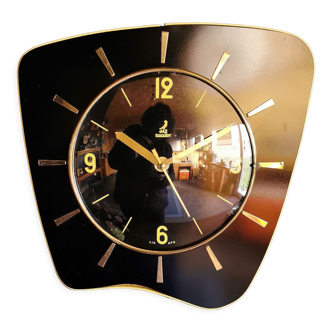 Vintage formica clock asymmetrical silent wall clock "Jaz black yellow"