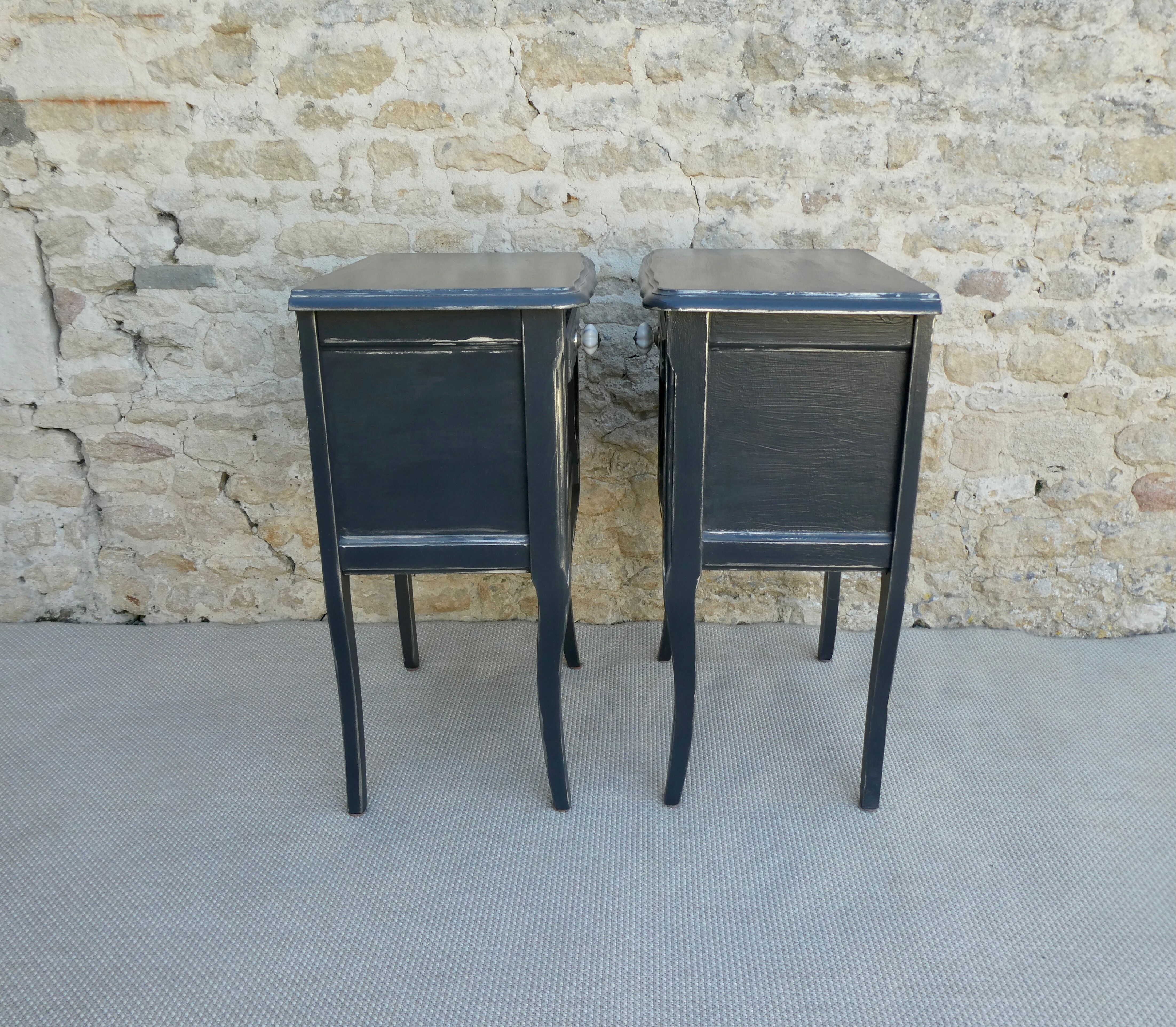 Pair of wooden bedside tables, gray patina
