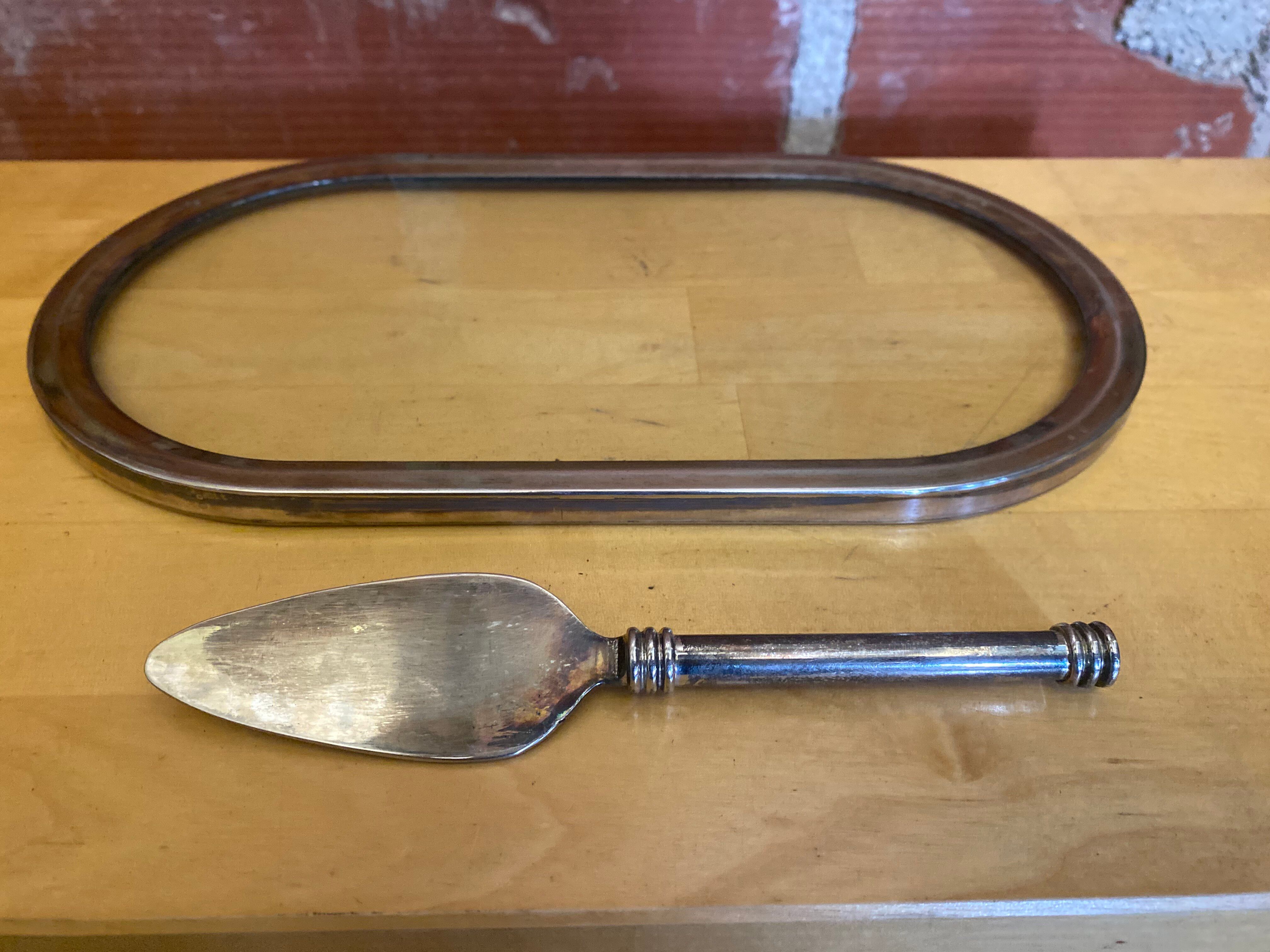Foie gras service jd france platter + silver metal spatula + vintage glass