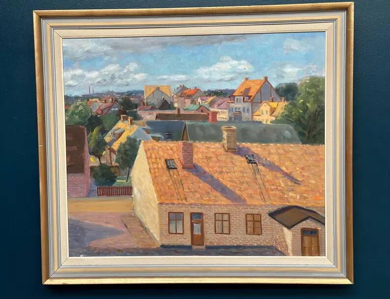 Large Original Swedish Oil on Panel – "Urban Landscape" by Wilhelm Matton – Signed – Dated 1947 – Framed – 83 × 73 cm (32.7 in × 28.7 in)
