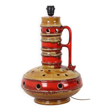 Grand pied de lampe en céramique rouge et jaune, Kil, Scandinavie, 51 cm