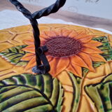 Vintage yellow earthenware cheese dish with sunflower decor and wrought iron handle