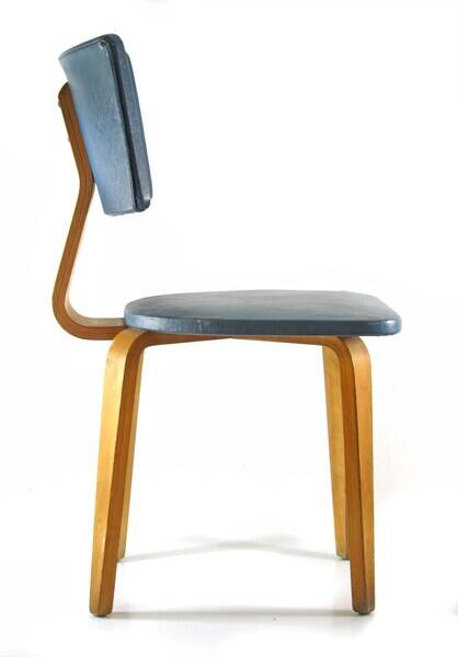 Vintage set of two Cor Alons chairs – bent plywood & blue and cream skai upholstery – 1950s Dutch design