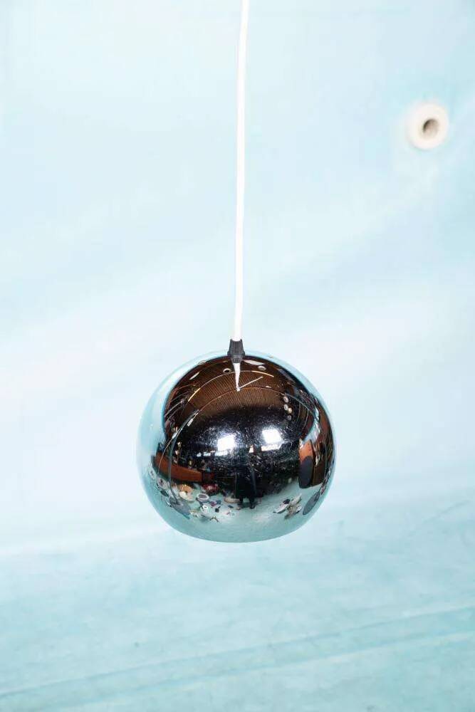Vintage chrome sphere pendant lamp, space age eye lamp.