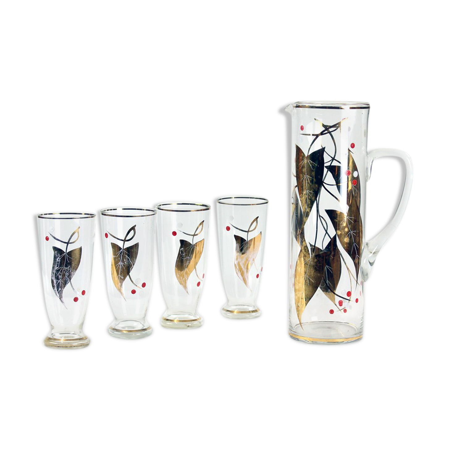 Midcentury set of jar & glasses with gold details, Czechoslovakia 1960s