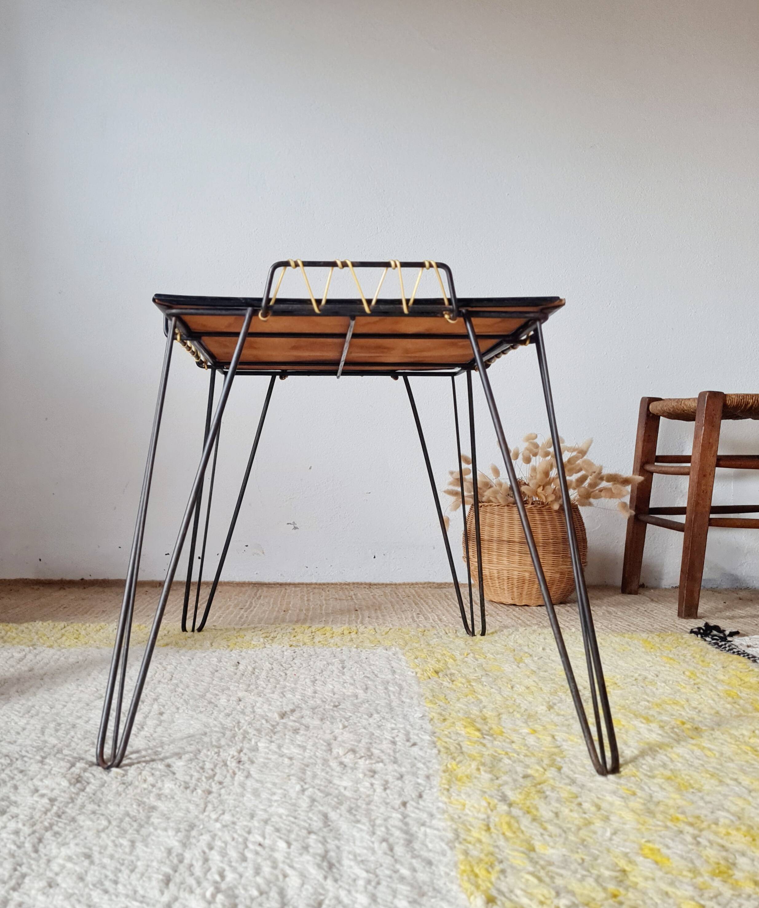 Black metal side table with scoubidou, 1950s