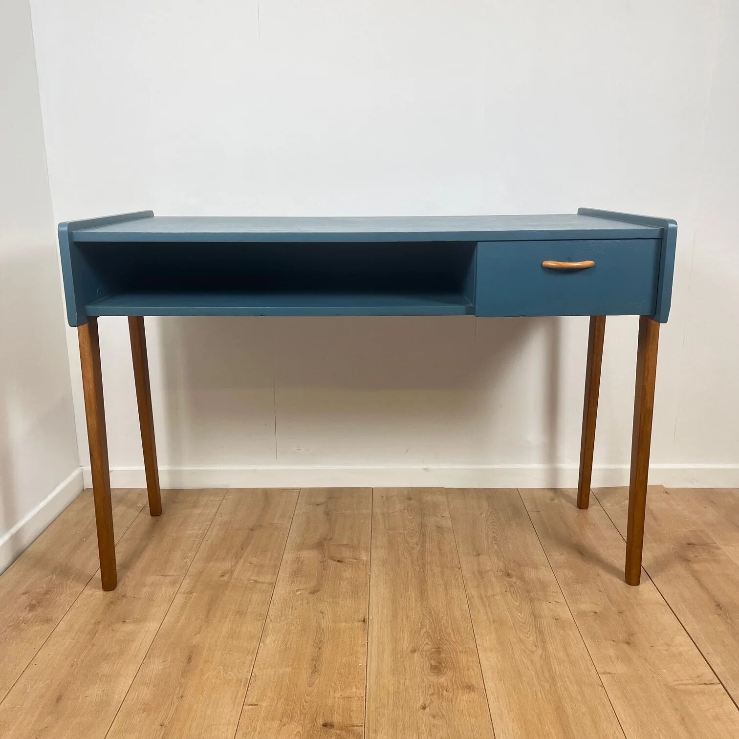 Vintage modernist desk in petrol blue, 1950s/60s.