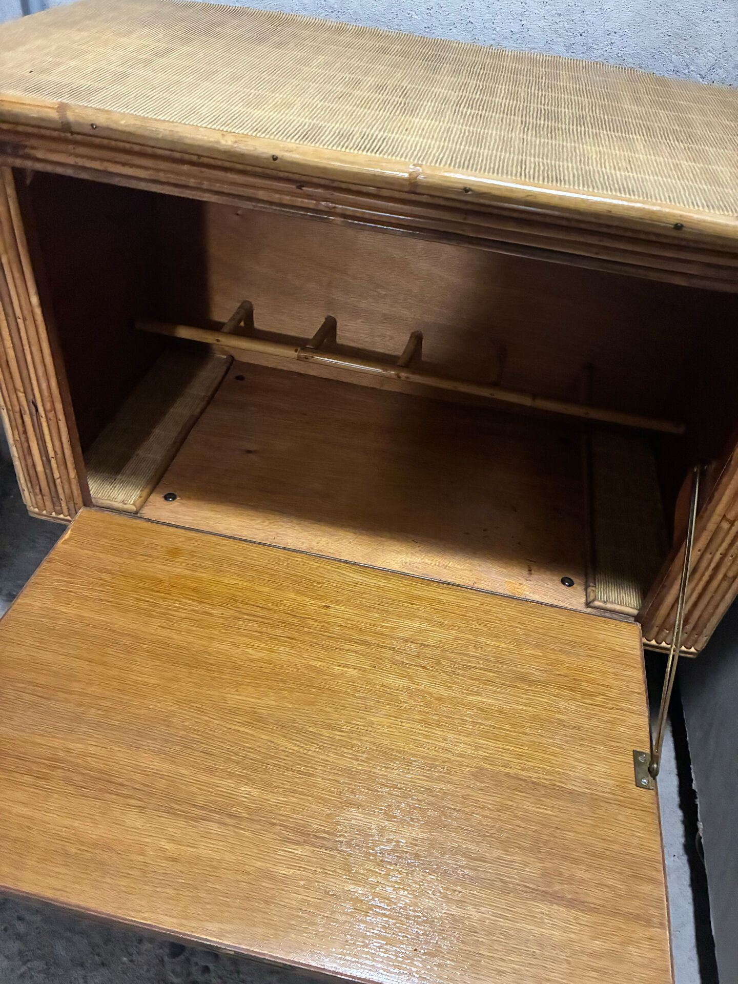 Vintage rattan bar cabinet by Dlg Audoux Minet
