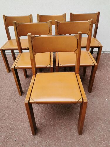 Set de 6 chaises Luigi Gorgoni en orme & cuir édition Roche Bobois, 1970