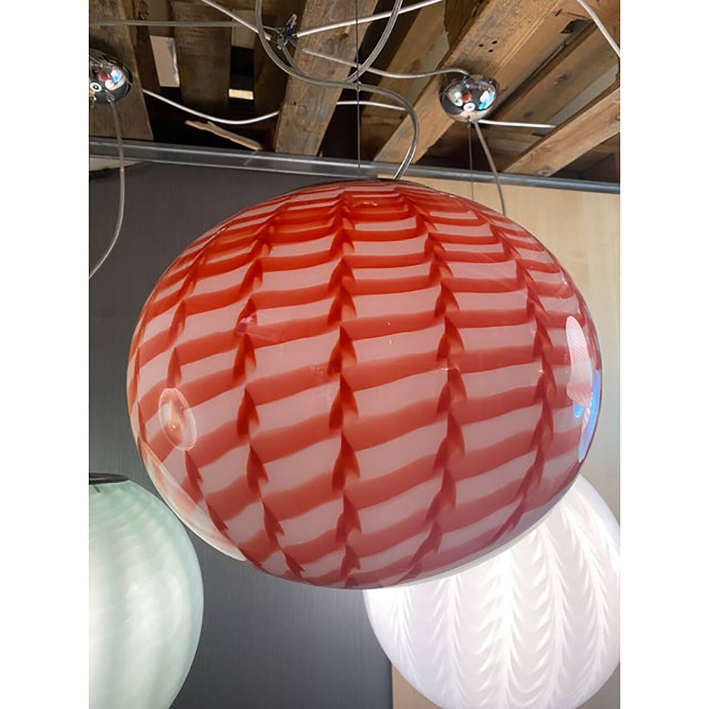 Contemporary Red and White Sphere Pendant in Glass