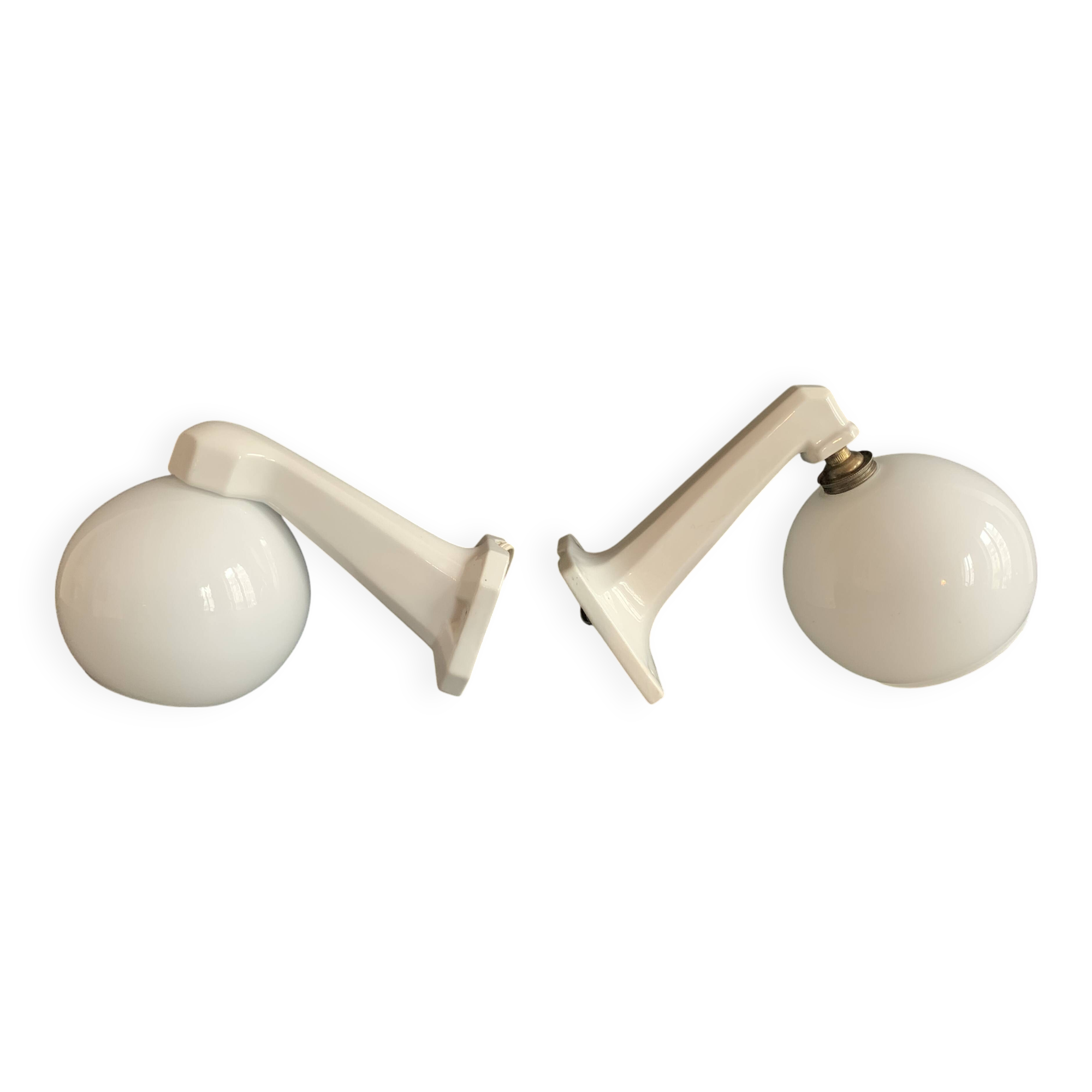 Pair of Art Deco porcelain wall lights with white Opaline globes, 1920