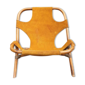 Fauteuil 1960 bambou et cuir suède