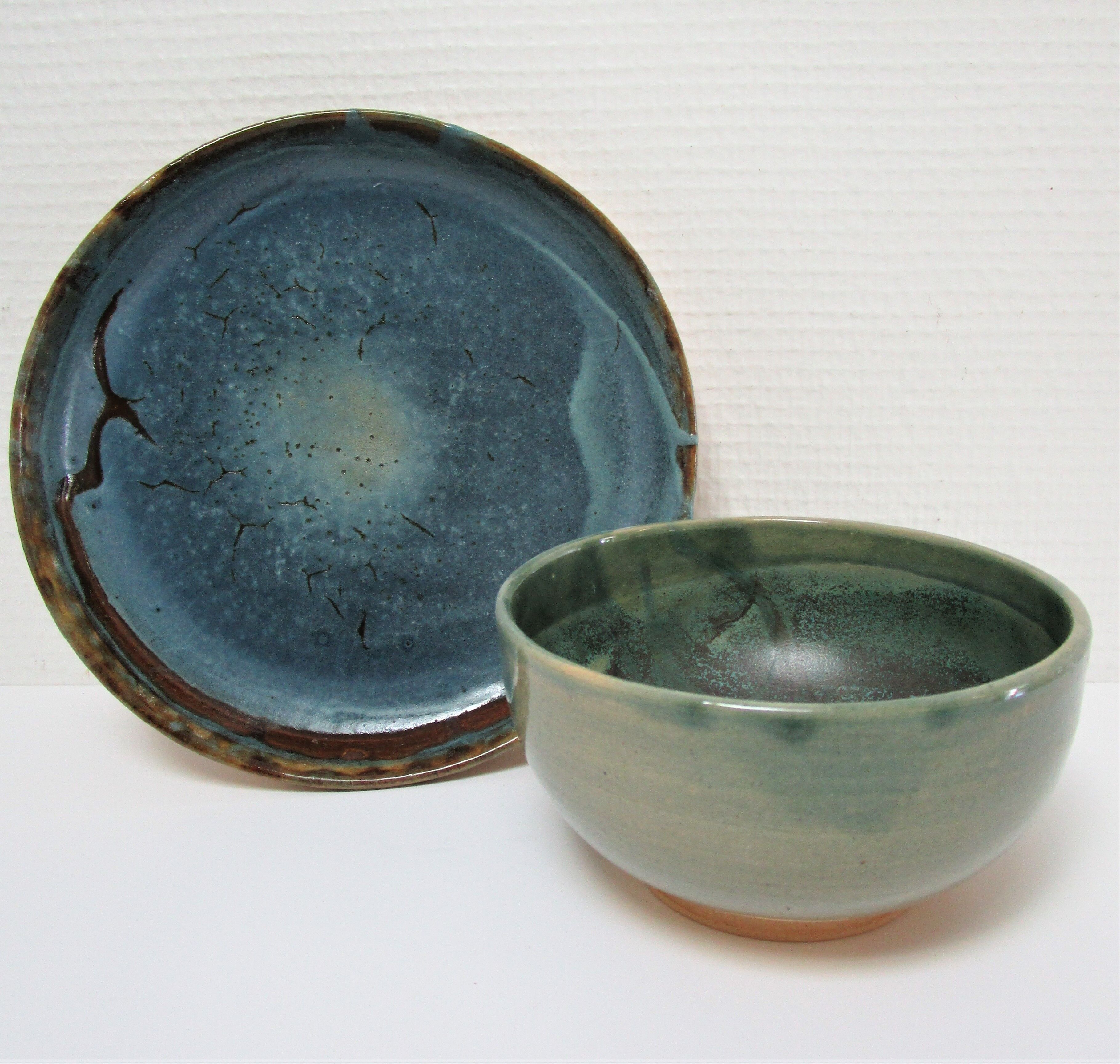 Bowl and round ceramic dish enamelled blue green brown vintage signed vintage