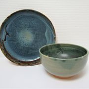 Bowl and round ceramic dish enamelled blue green brown vintage signed vintage