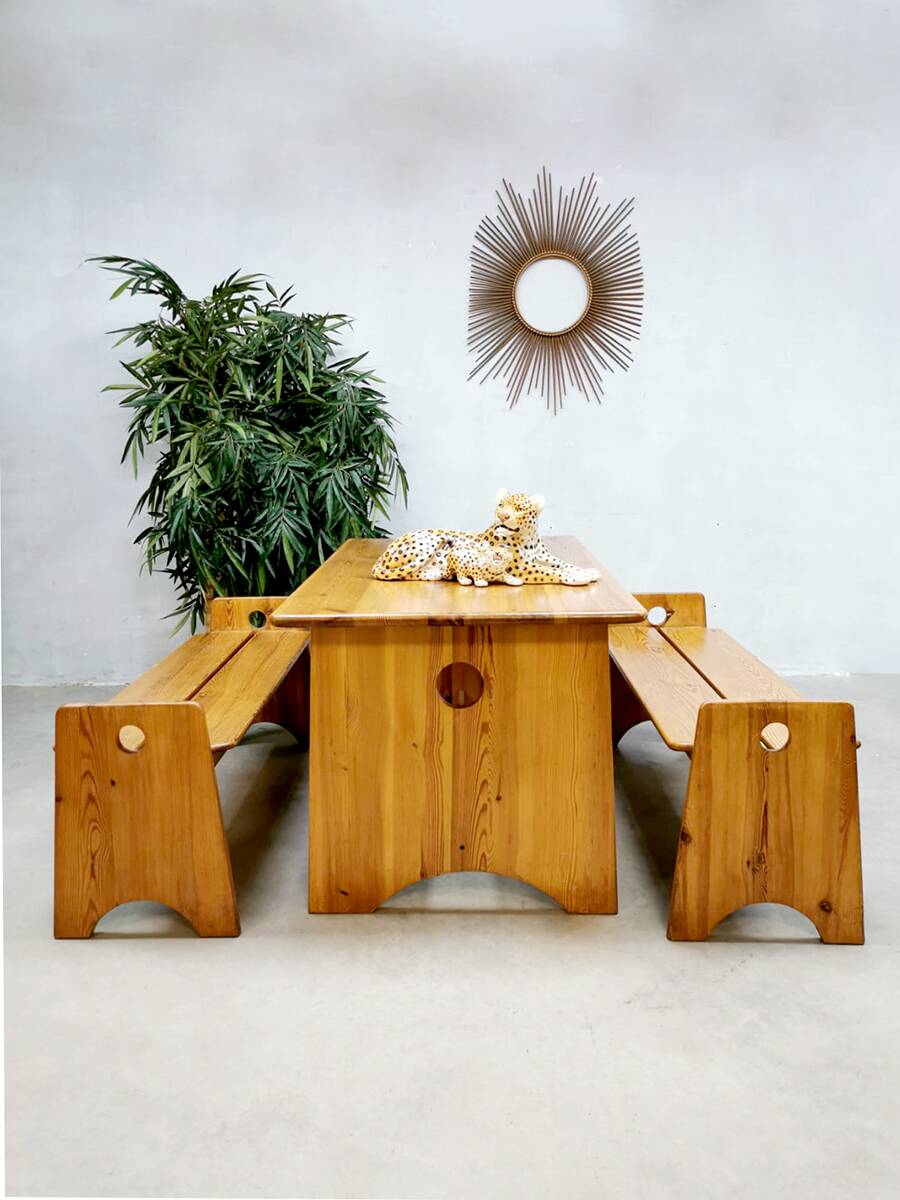 Midcentury Swedish pine wood benches dining set