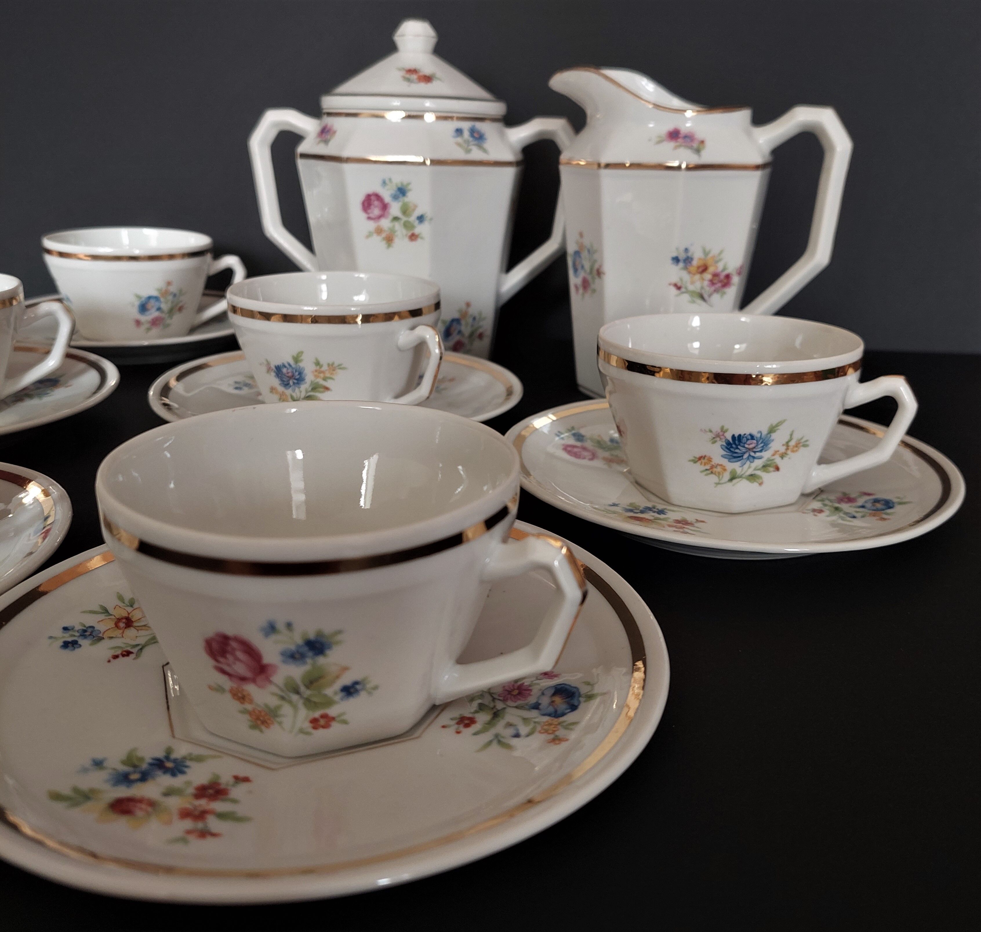 Tea set six cups Limoges porcelain floral decoration