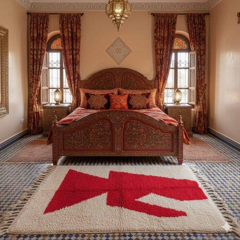 Tapis berbère en laine pure fait main rouge et blanc 150/250 cm