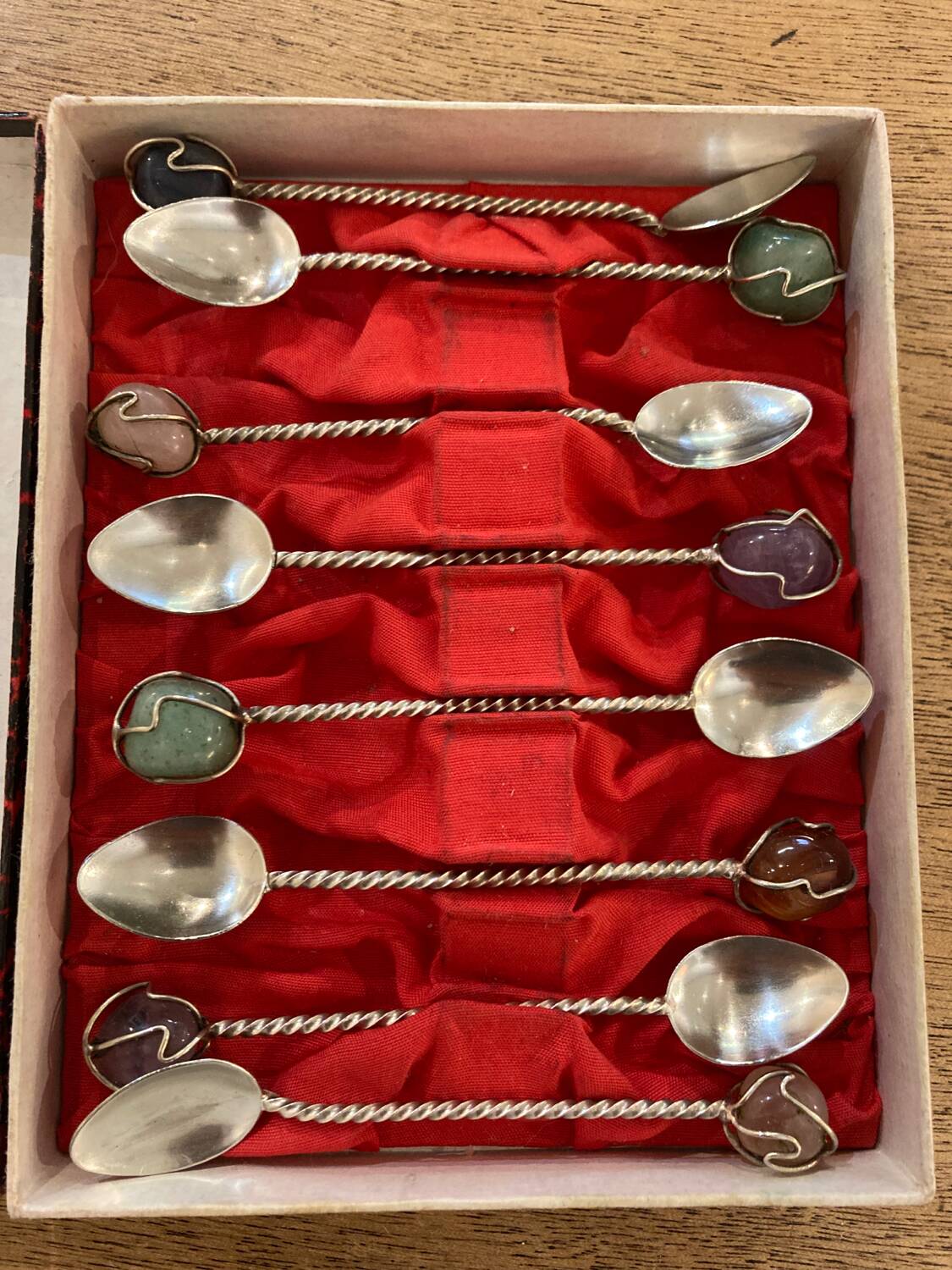 Box of 8 antique silver and stone spoons