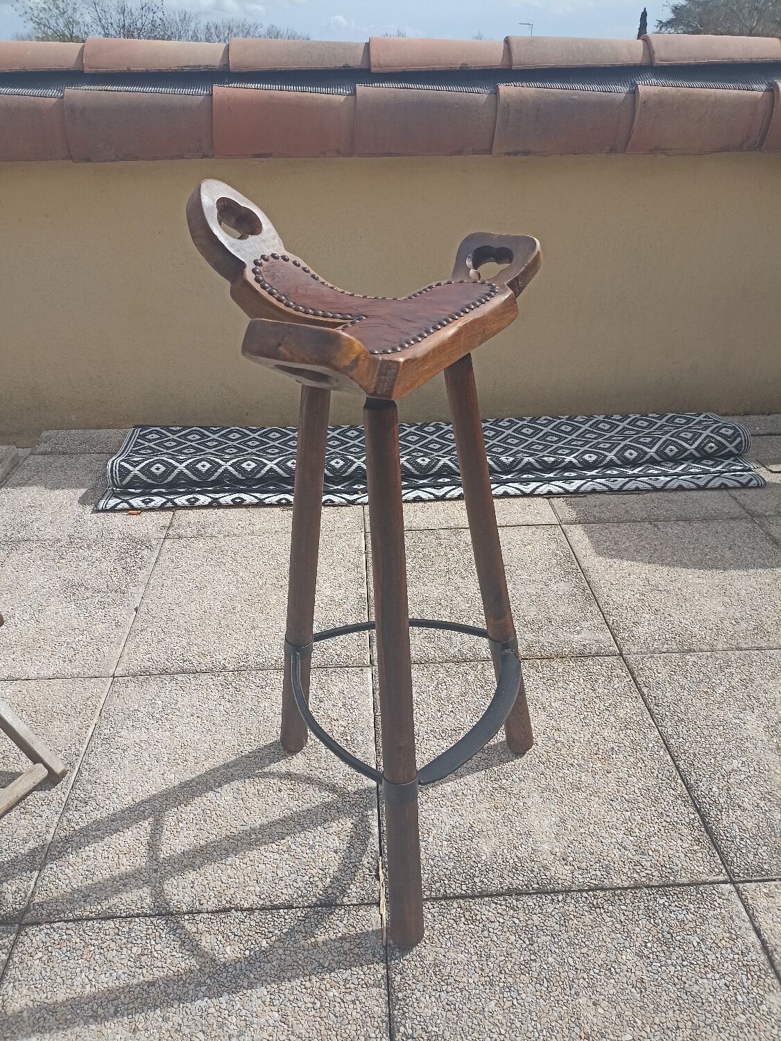 Brutalist bar stool wood and leather