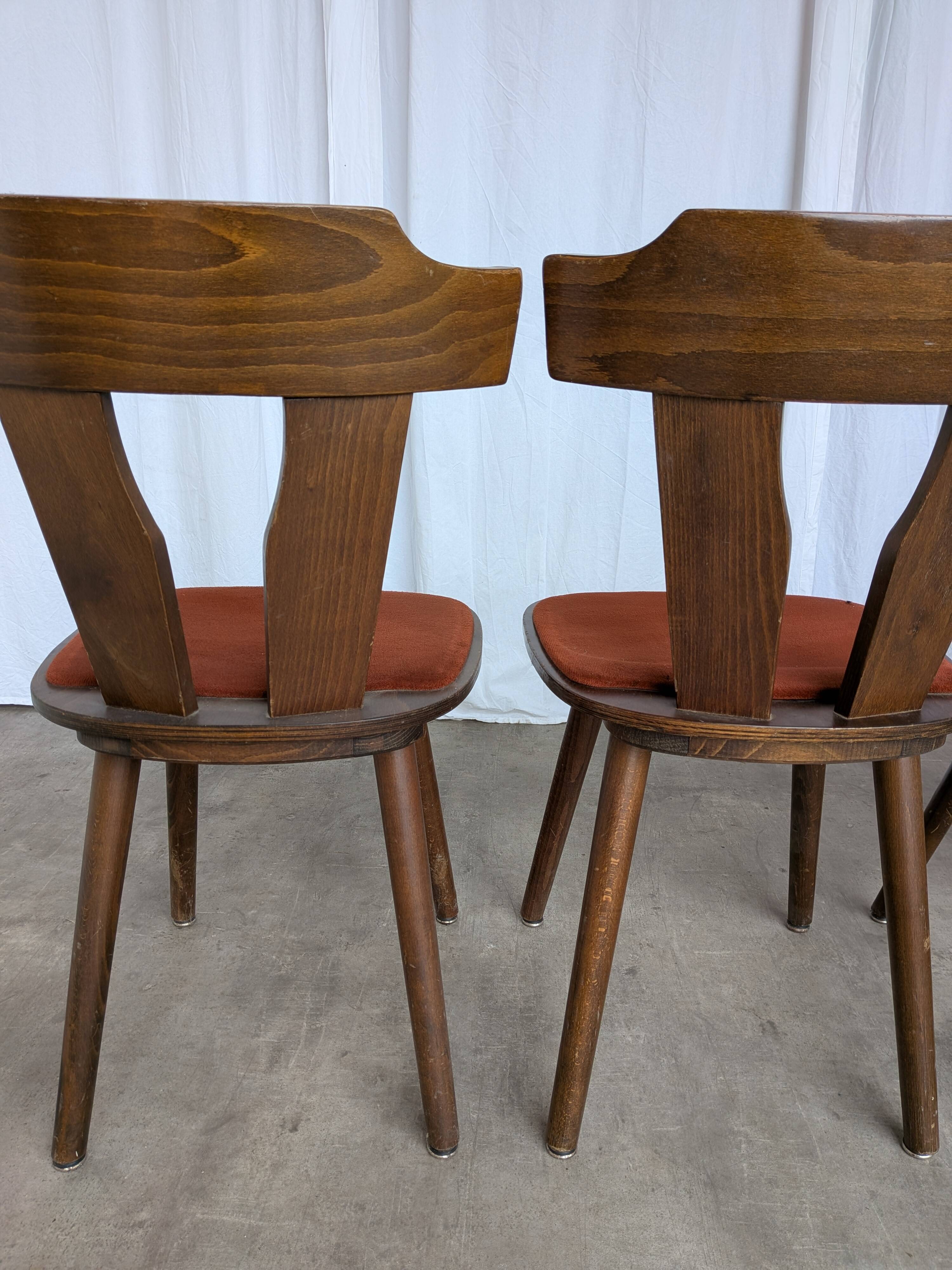 Vintage Tyrolean Dining Chairs: Set of 4, Red Fabric Seat, 1970s