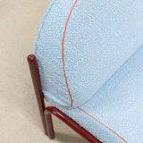 Souvignet armchair reupholstered in sky blue boucle.