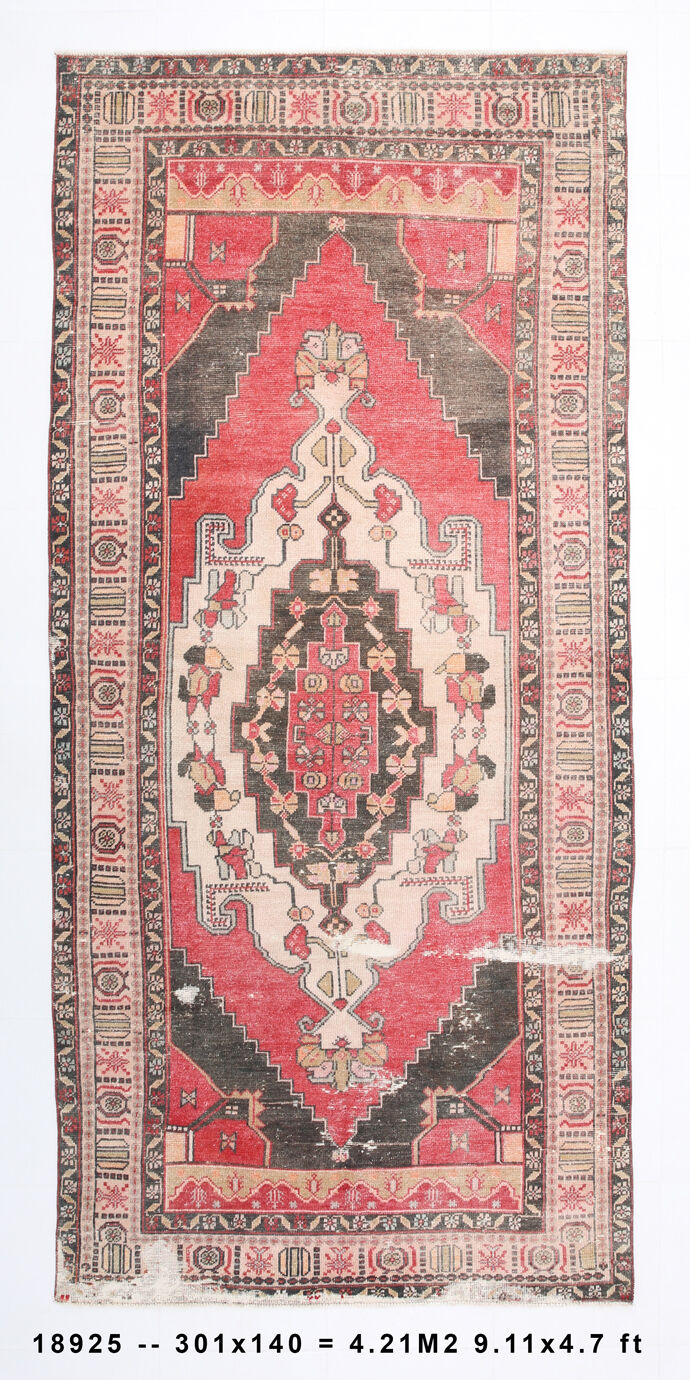 4x10 red & beige wool vintage rug 140x301cm