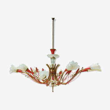 Large chandelier of the 50s 10 tulips in brass glass and red laqué metal