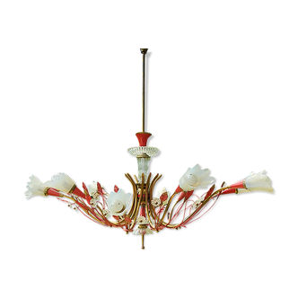 Large chandelier of the 50s 10 tulips in brass glass and red laqué metal
