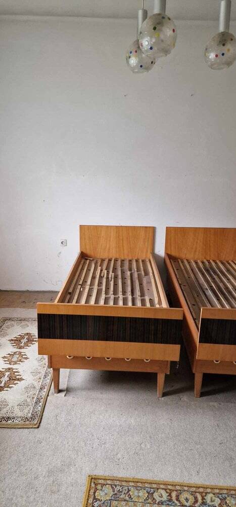 Double bed Mid-Century in brown and black wood, 1960s, Czech production.