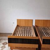 Double bed Mid-Century in brown and black wood, 1960s, Czech production.