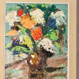 Original Large Swedish Mid-Century Oil on Canvas " Impressionistic Floral Arrangement in a Vase"
