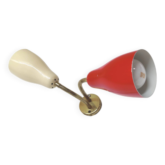Double adjustable wall light from the 50s in brass and red and cream metal