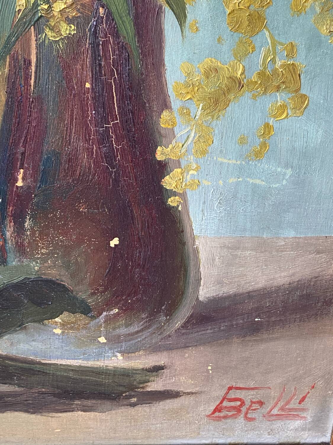 Painting on wood, mimosas, Belli