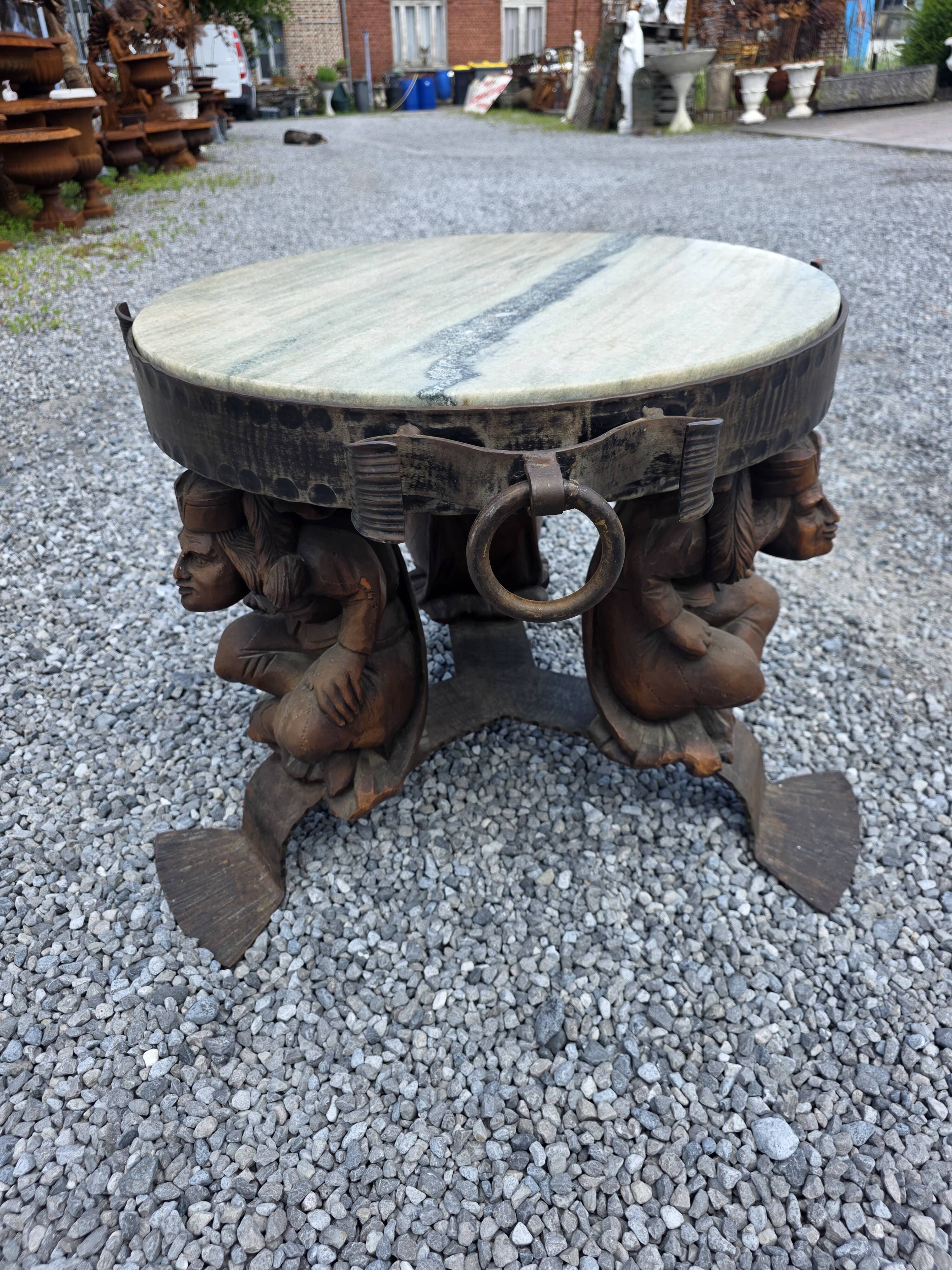 Wrought iron and marble coffee table, Jean Maurice Rothschild, circa 1950.