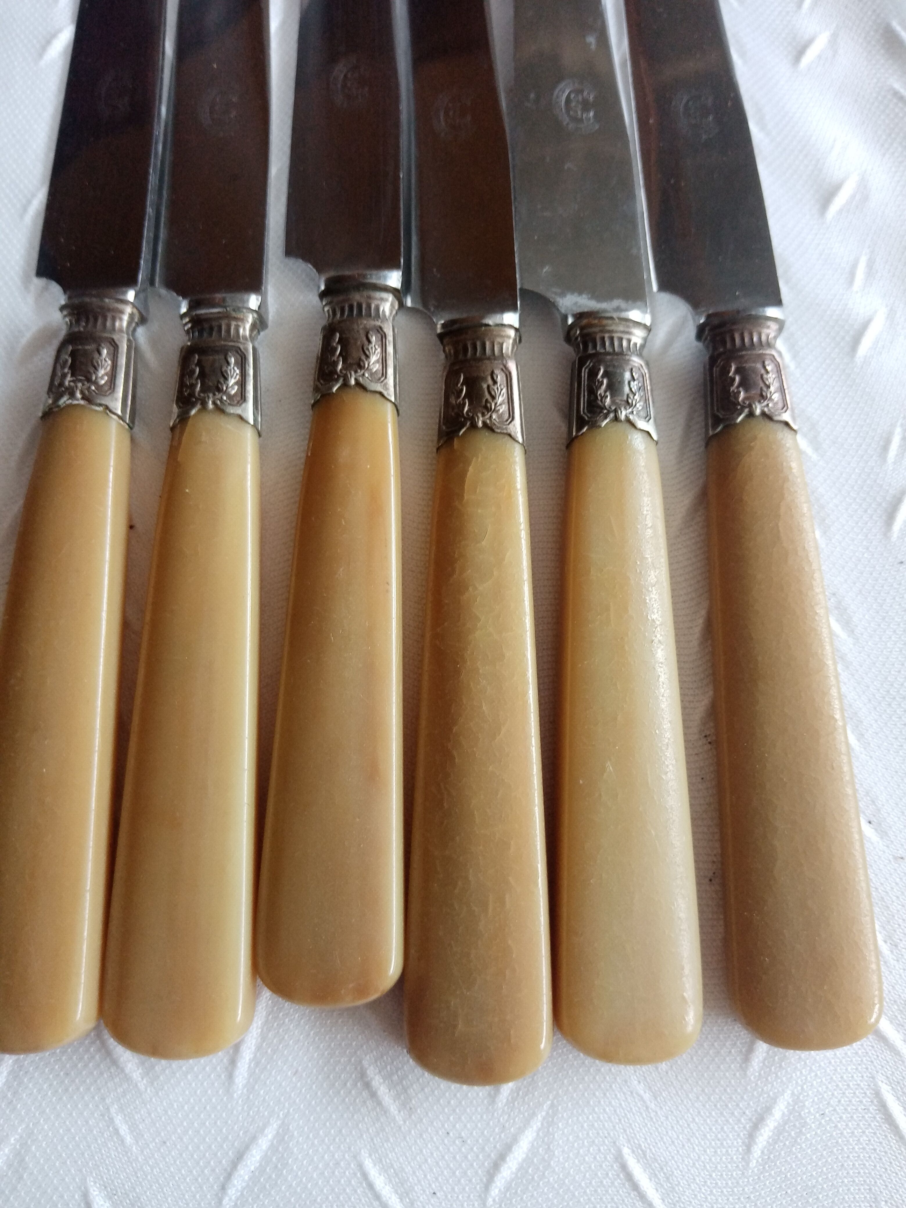 12 Old horn knives and stainless steel blades, Laurier decorative virole