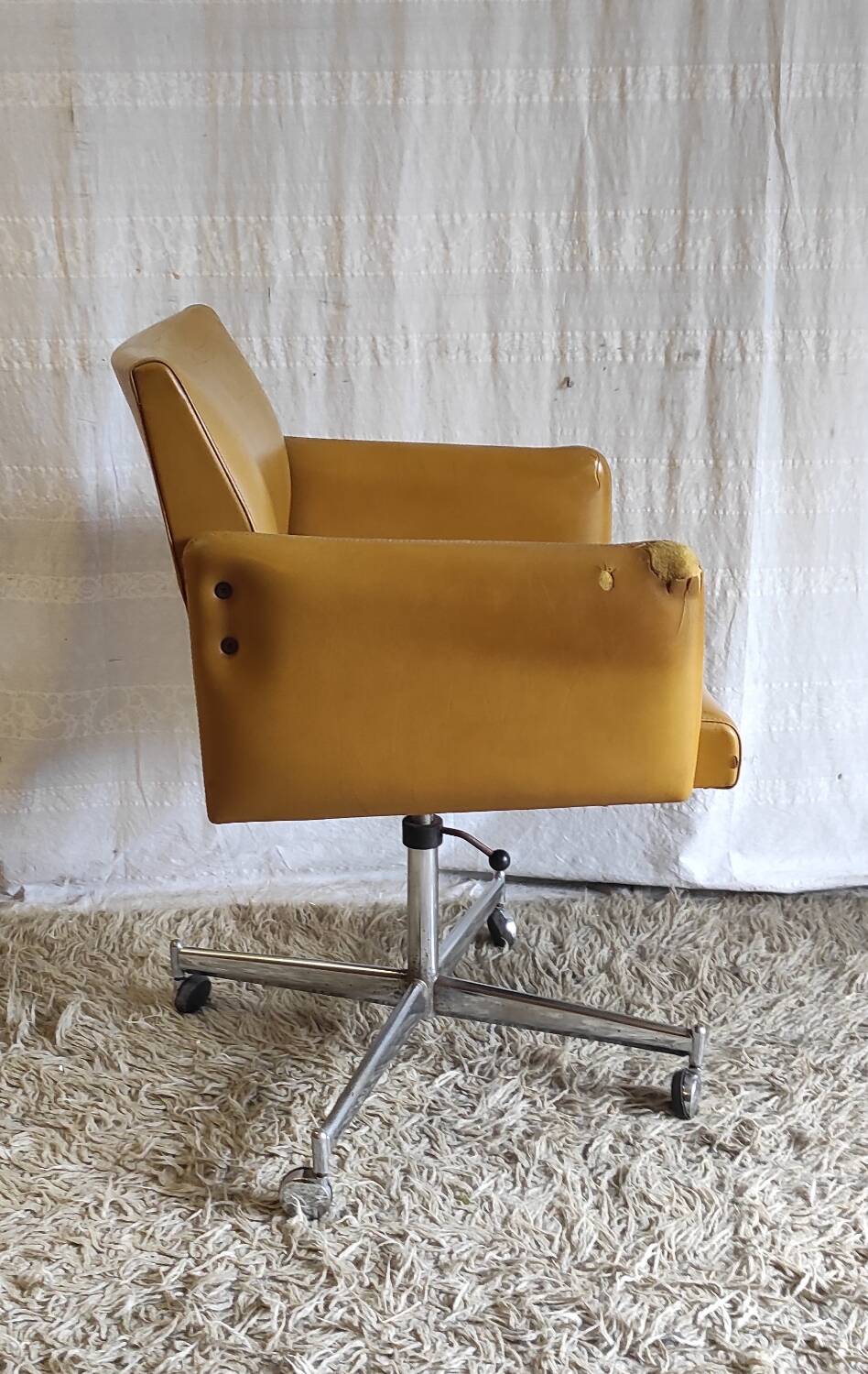 Modernist office armchair in yellow faux leather - 1950s