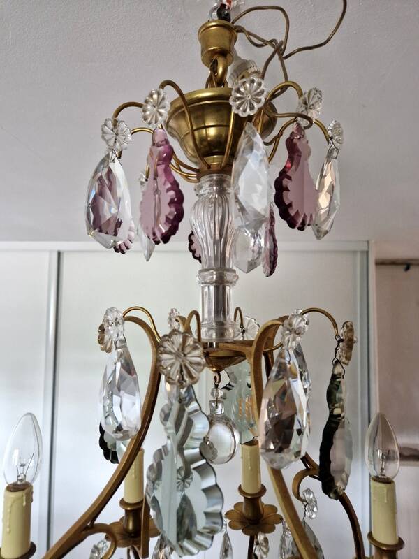 Brass cage chandelier and crystal pendants with 8 lights and 79 pendants