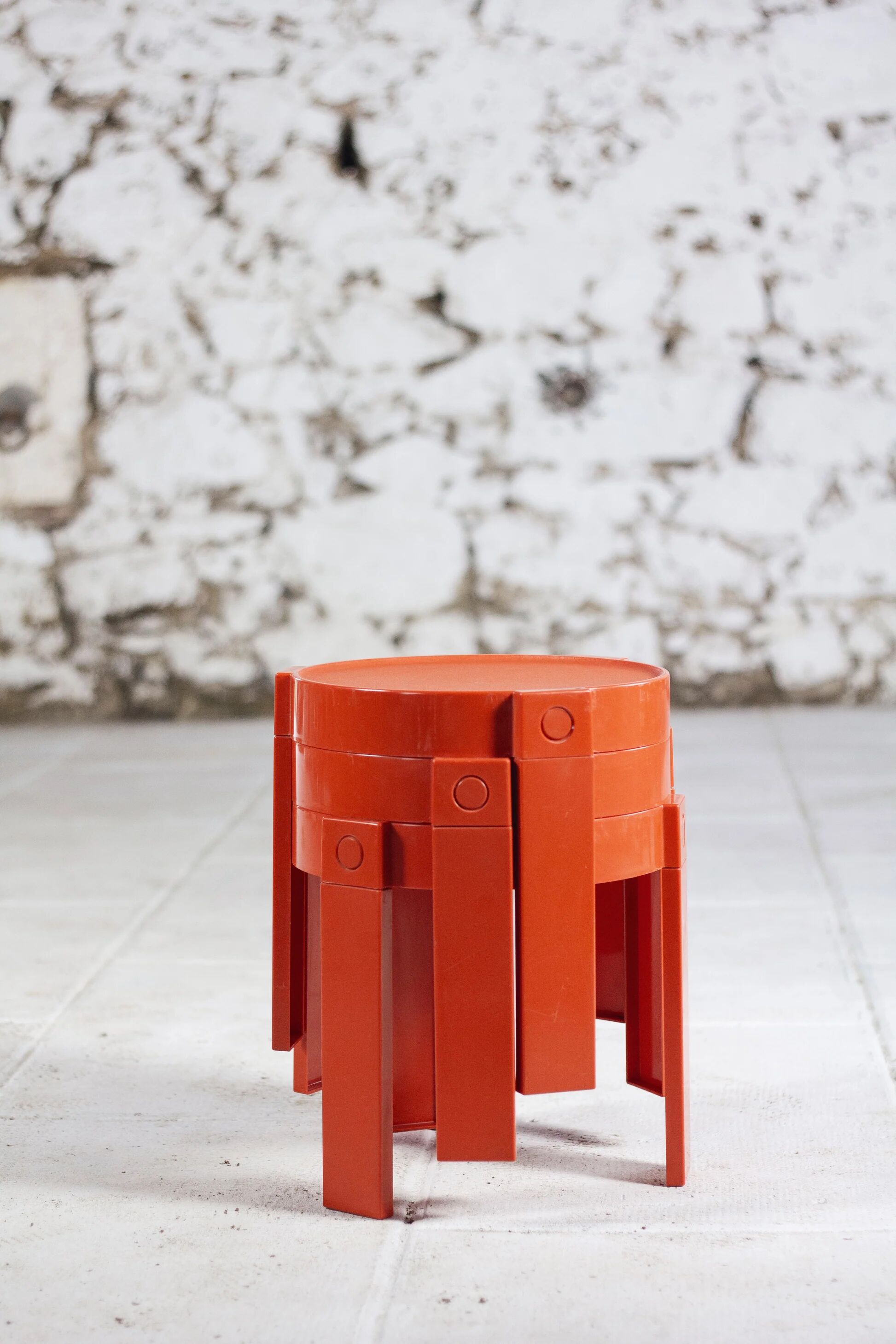 3 nesting tables in orange plastic by Prisunic, 1970.