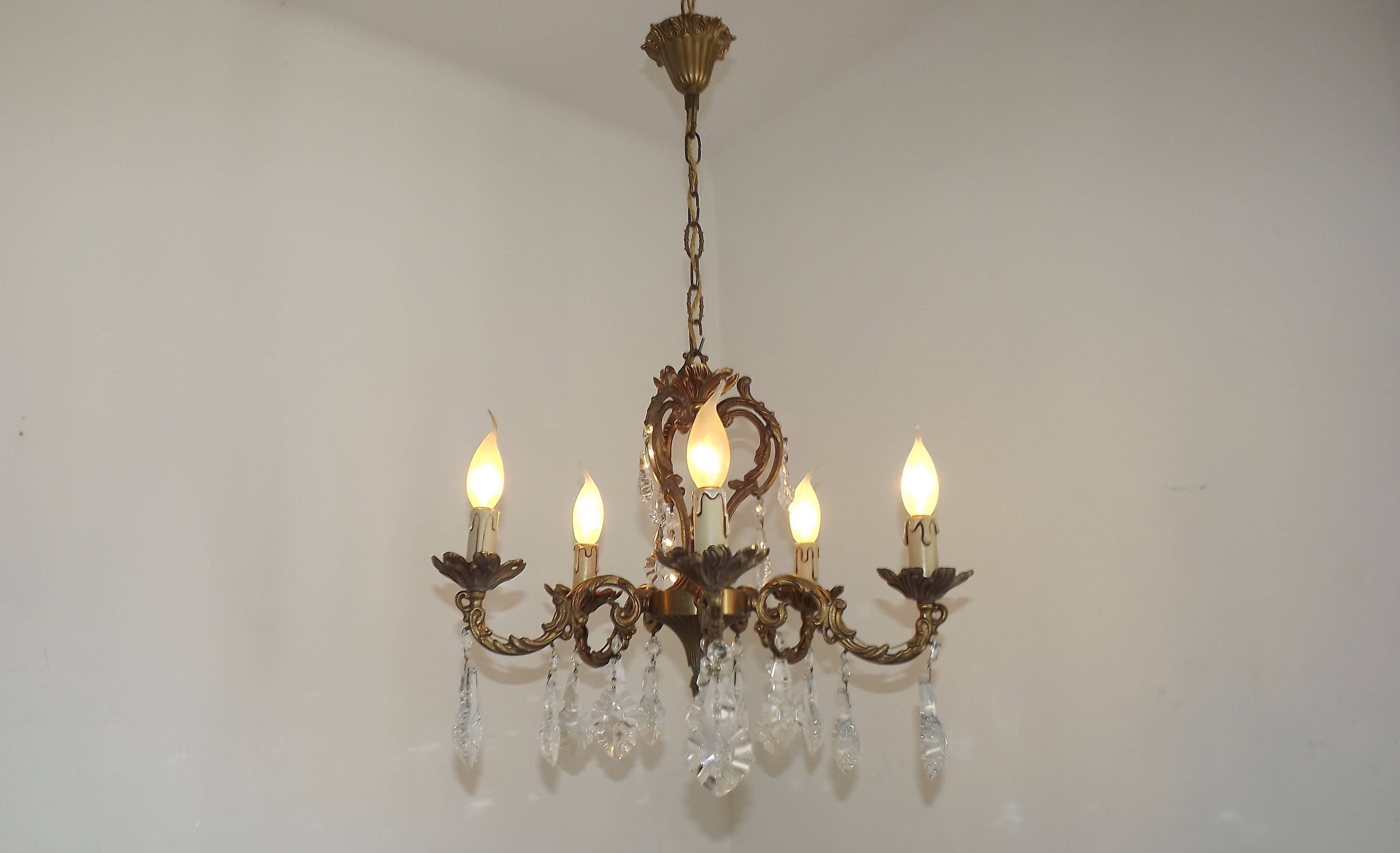French Art Nouveau 5-Light Bronze 3 sided Crystal Cage Chandelier